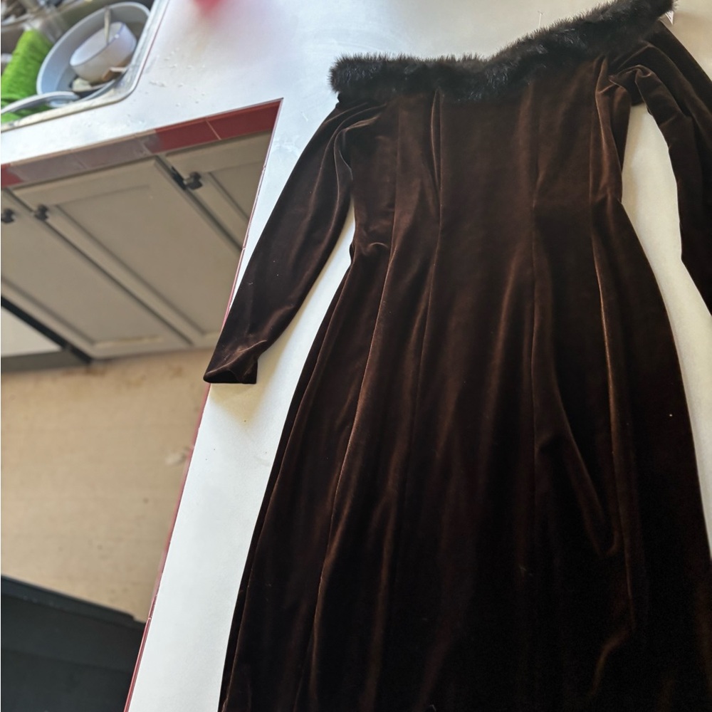Alex Evenings Brown Off-Shoulder Long Sleeve Gown